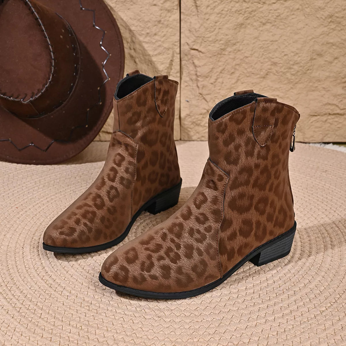Leopard print western ankle boots