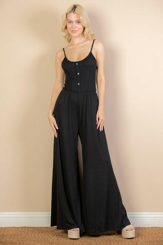 Button Front Wide Leg Jumpsuit.
