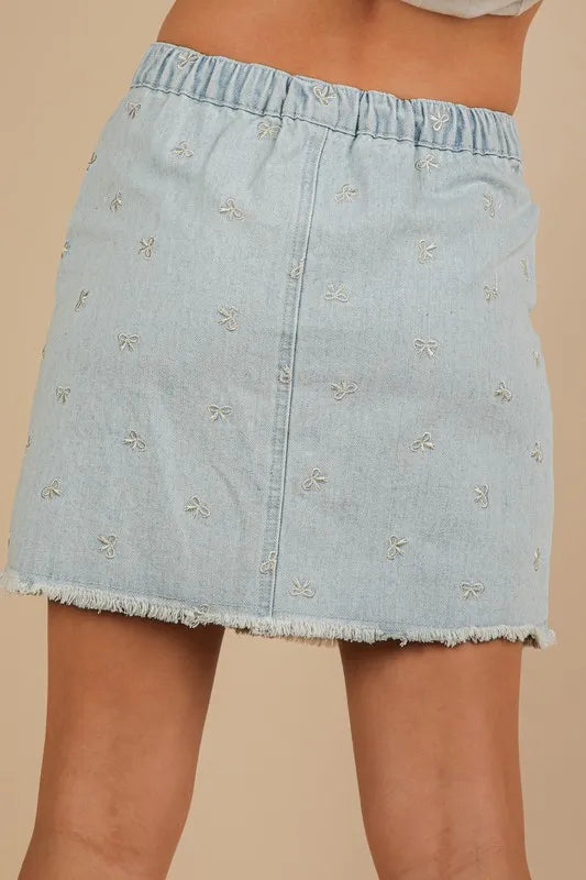 Bow Printed Casual Denim Mini Skirt.