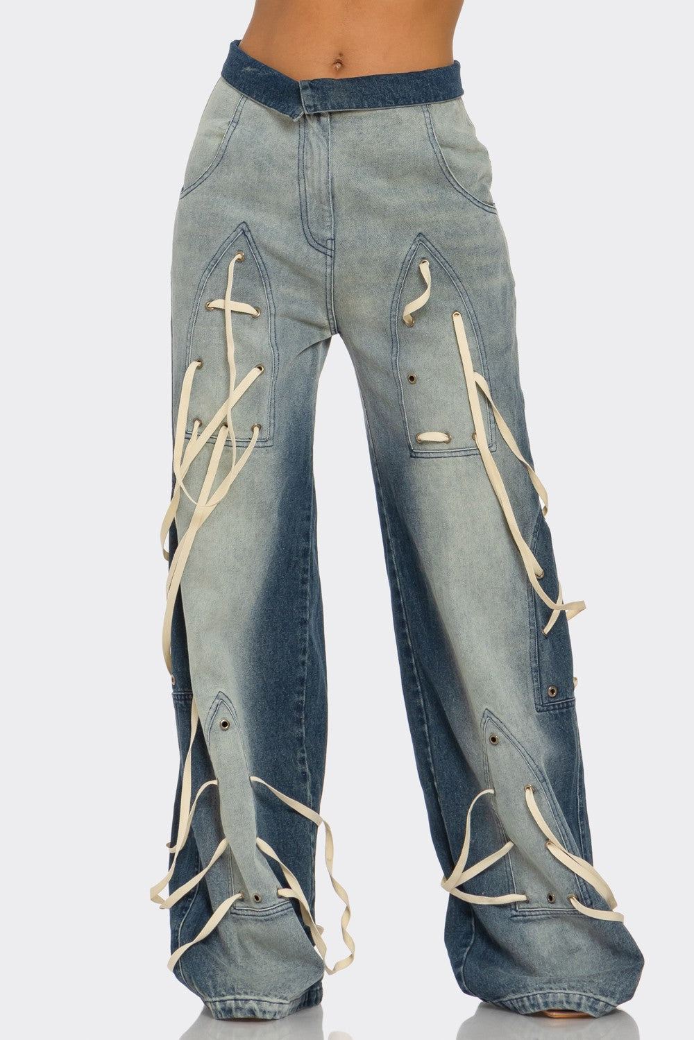 Distressed Denim Wide-Leg Pants