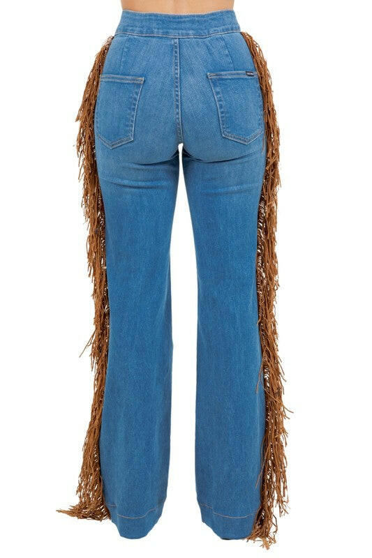 Harley Wide Leg Fringe in Medium Wash.
