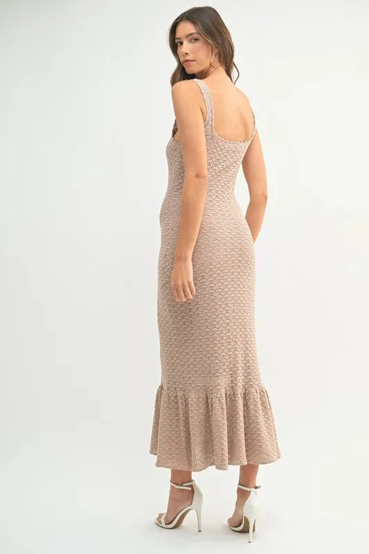 Ruffled Hem Sleeveless Crochet Knit Midi Dress.