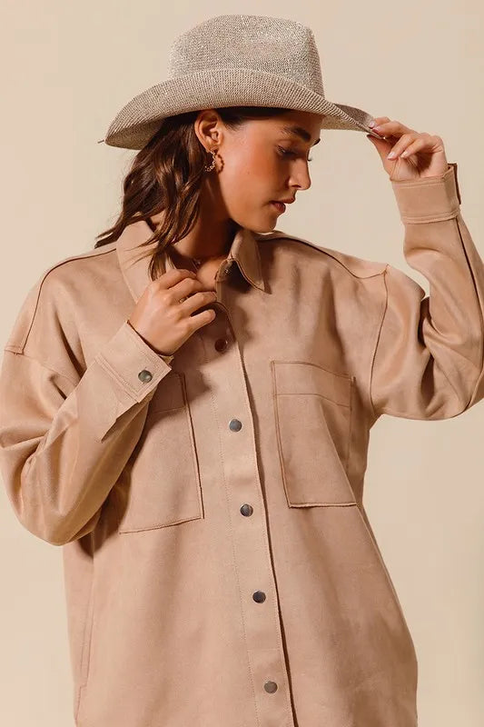 Suede Snap Shacket with Collar and Pockets.