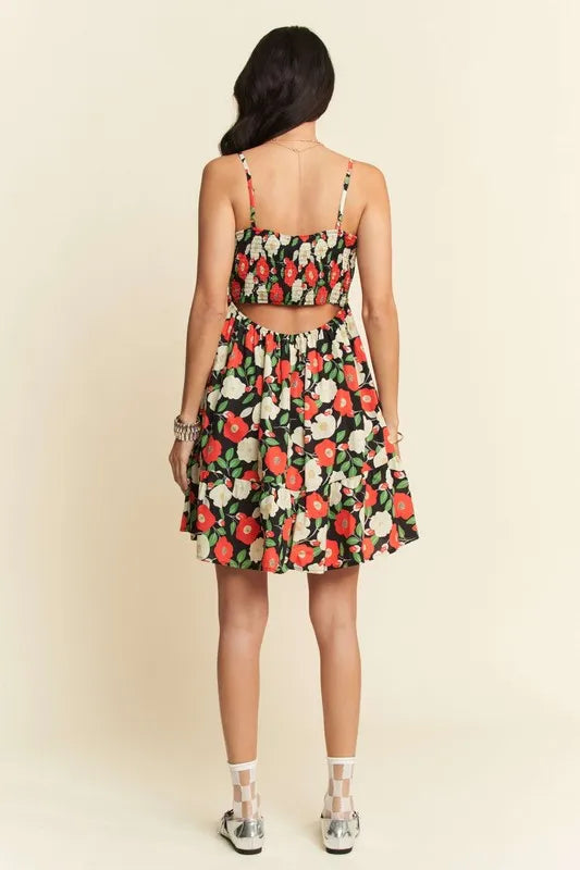 Floral Scalloped Cutout Back Mini Dress.