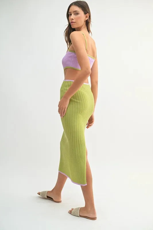 Ribbed Knit Color Block Cutout Midi Dress.