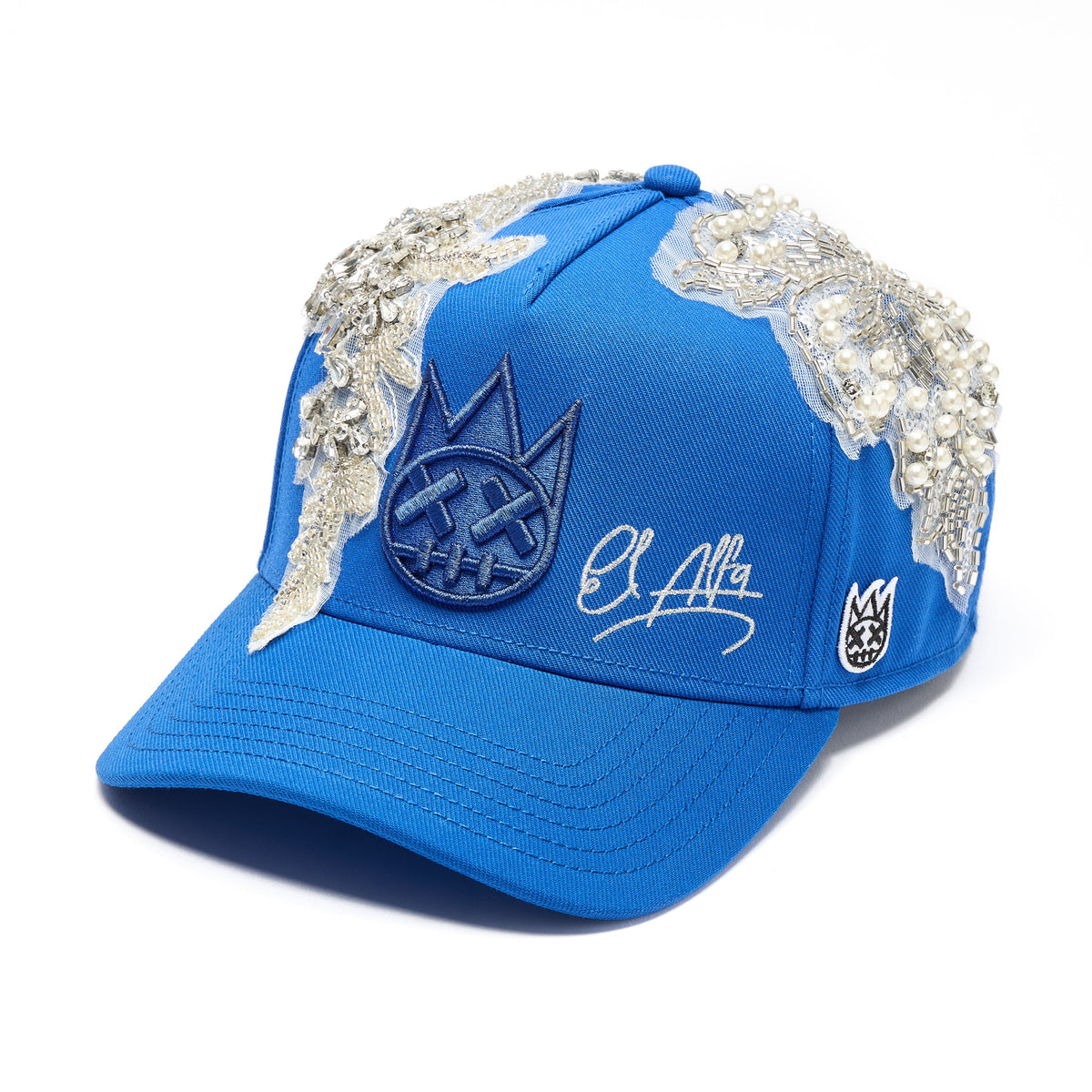 El Alfa Lurex Emb Logo 5 Panel A Frame Trucker Hat | Blue