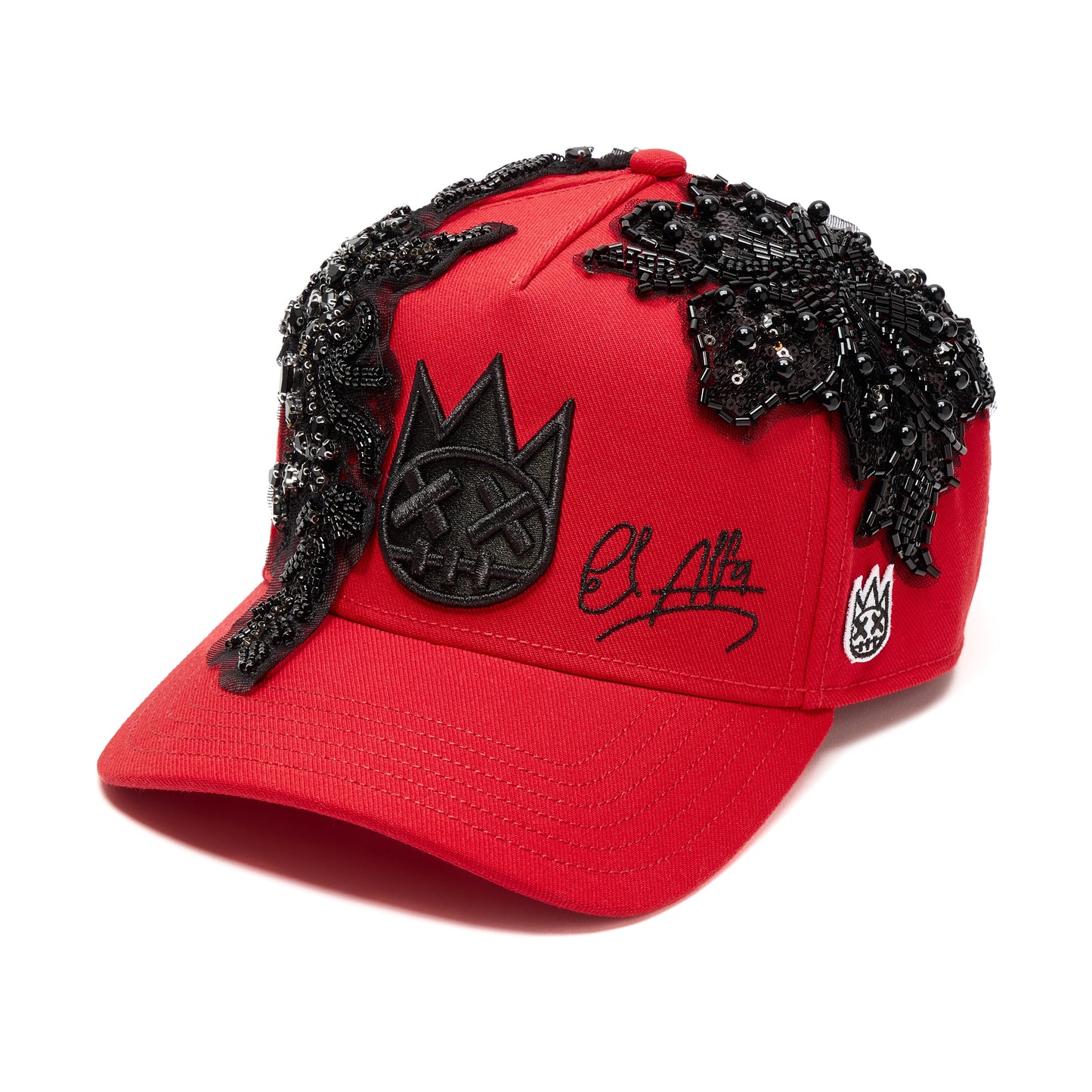 El Alfa Lurex Emb Logo 5 Panel A Frame Trucker Hat | Red