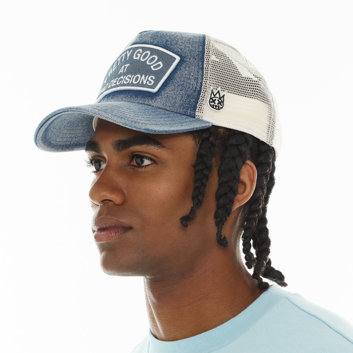 Mesh Trucker Hat "Good At Bad Decisions" In Denim