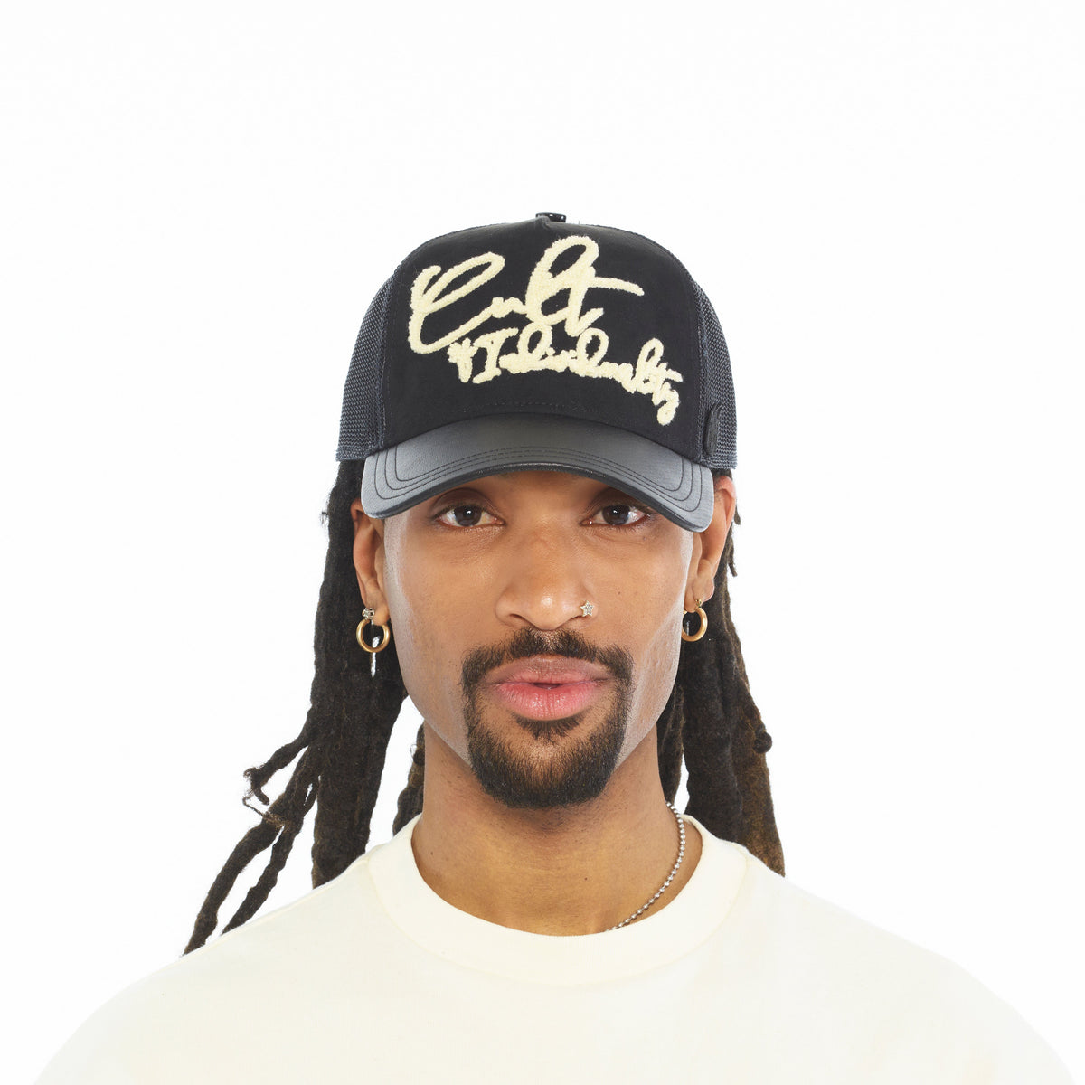 Mesh Back Trucker Hat "Grasshopper Emb Hat" | Black