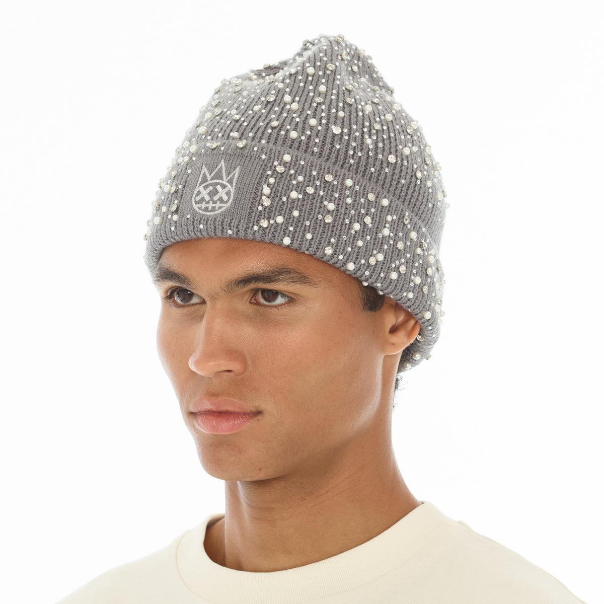Knit Hat "Crystals And Pearls" In Charcoal Grey