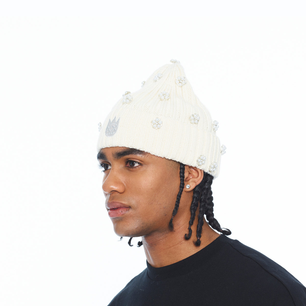 Knit Hat "All Over Crystals" In Winter White