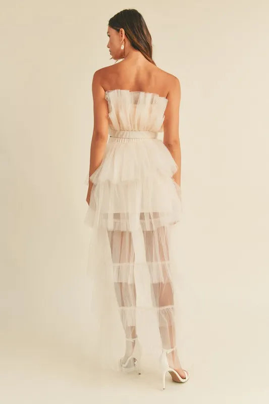 Tulle Tube Ruffle Crop Top and High Low Maxi Skirt Set.