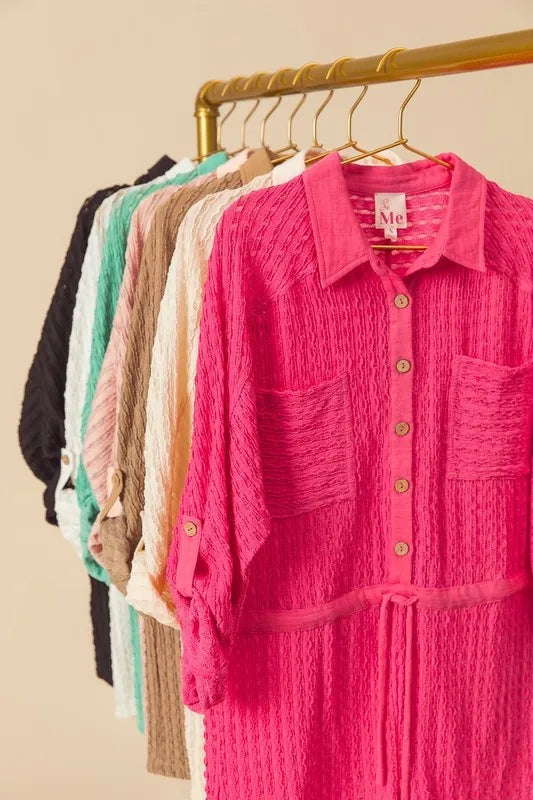 Textured Knit Button Front Romper.