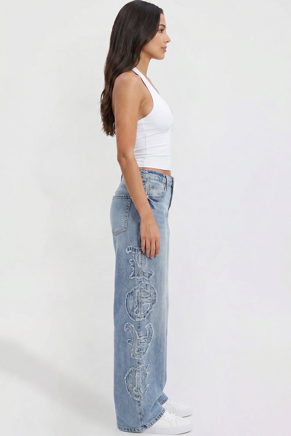 Joey Super Wide Leg Jeans with Love Patch