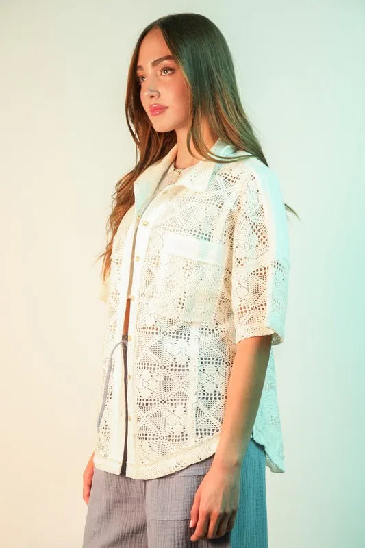 Oversized Crochet Button Down Shirt Top.