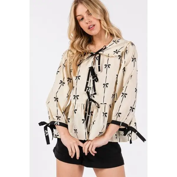 Bow Print Tie Front Babydoll Blouse.