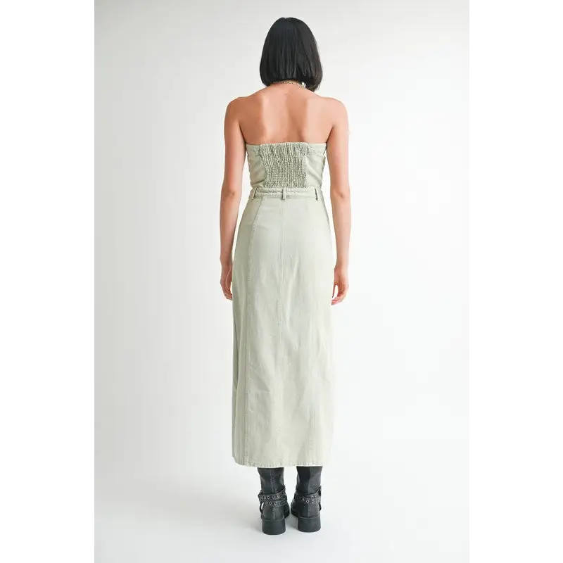Button Up Tube Denim Dress With Slit.