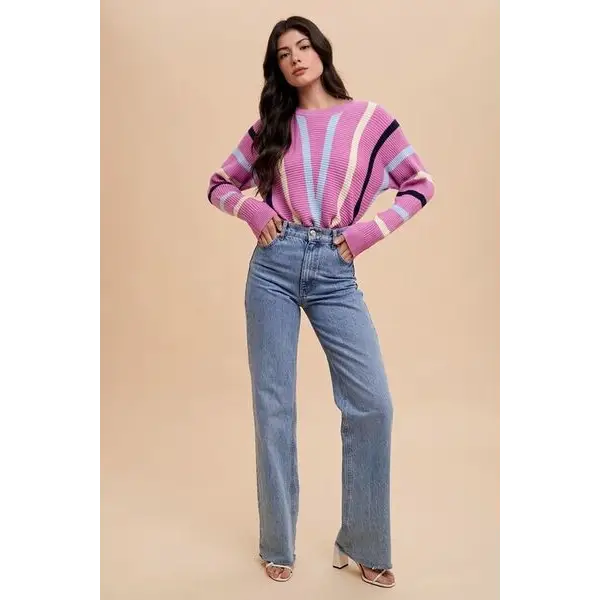 Chevron Stripe Round Neck Ribbed Sweater.