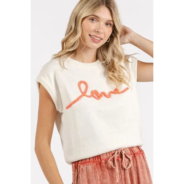 Contrast Letter Round Neck Cap Sleeve Knit Top.