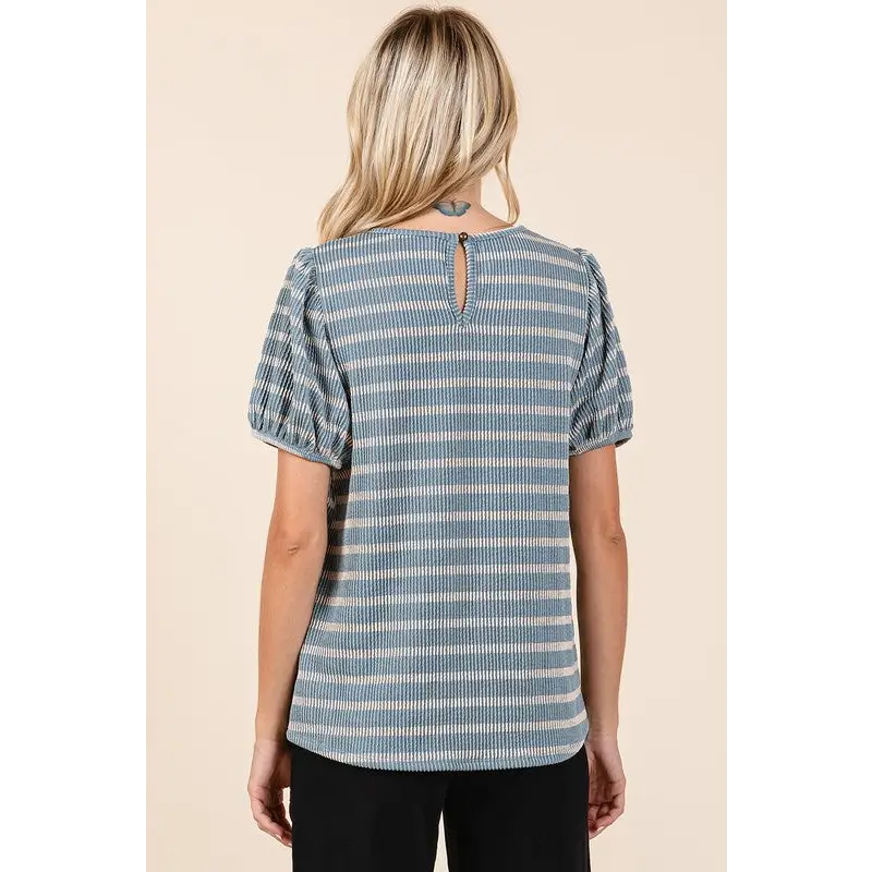 Contrast Striped Short Puff Sleeve Knit Top.