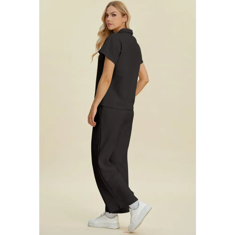 Double Take Full Size Collared Neck Short Sleeve Top and Pants Set.