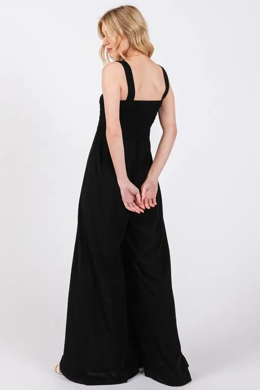 Smocked Flowy Wide Leg Jumpsuit.