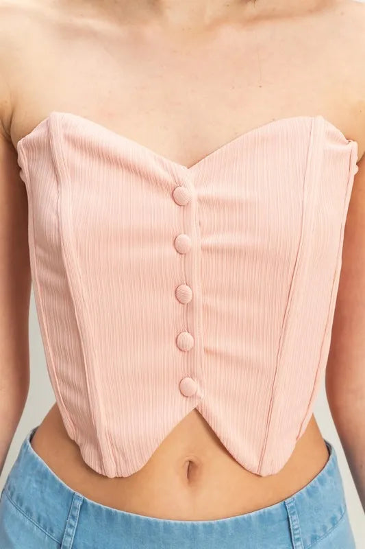 Buttoned Front Strapless Knit Bustier Top.