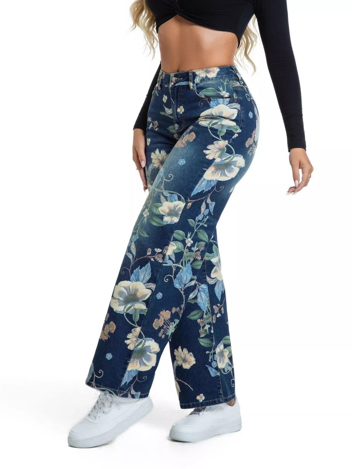 High-waisted floral print wide-leg jeans