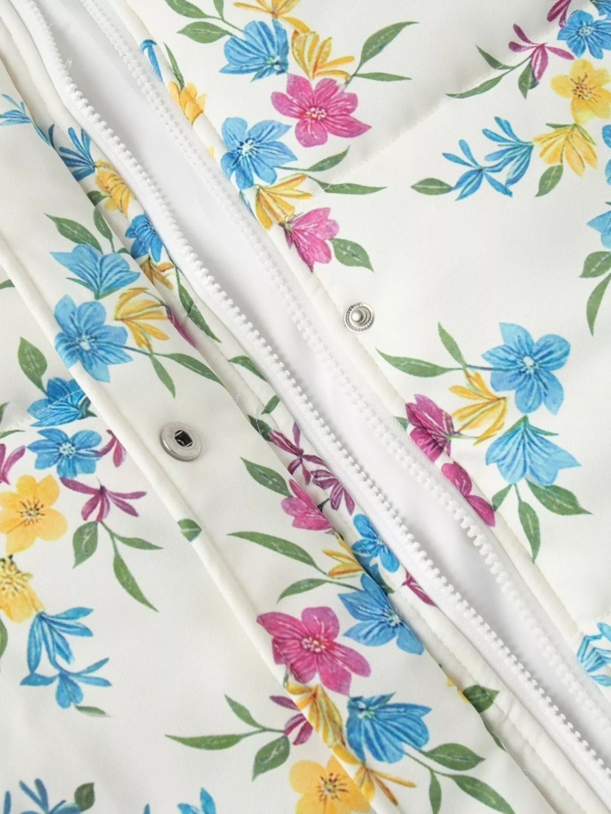 Floral print puffer jacket with stand collar