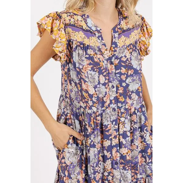 Floral Ruffled Notched Cap Sleeve Maxi Dress.