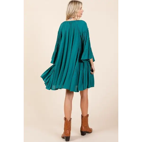 Frill Tie Neck Bell Sleeve Dress.