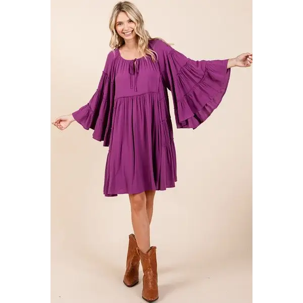 Frill Tie Neck Bell Sleeve Dress.