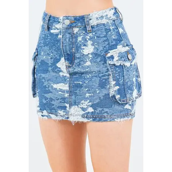 Jacquard Trim Cargo Mini Denim Skirt.