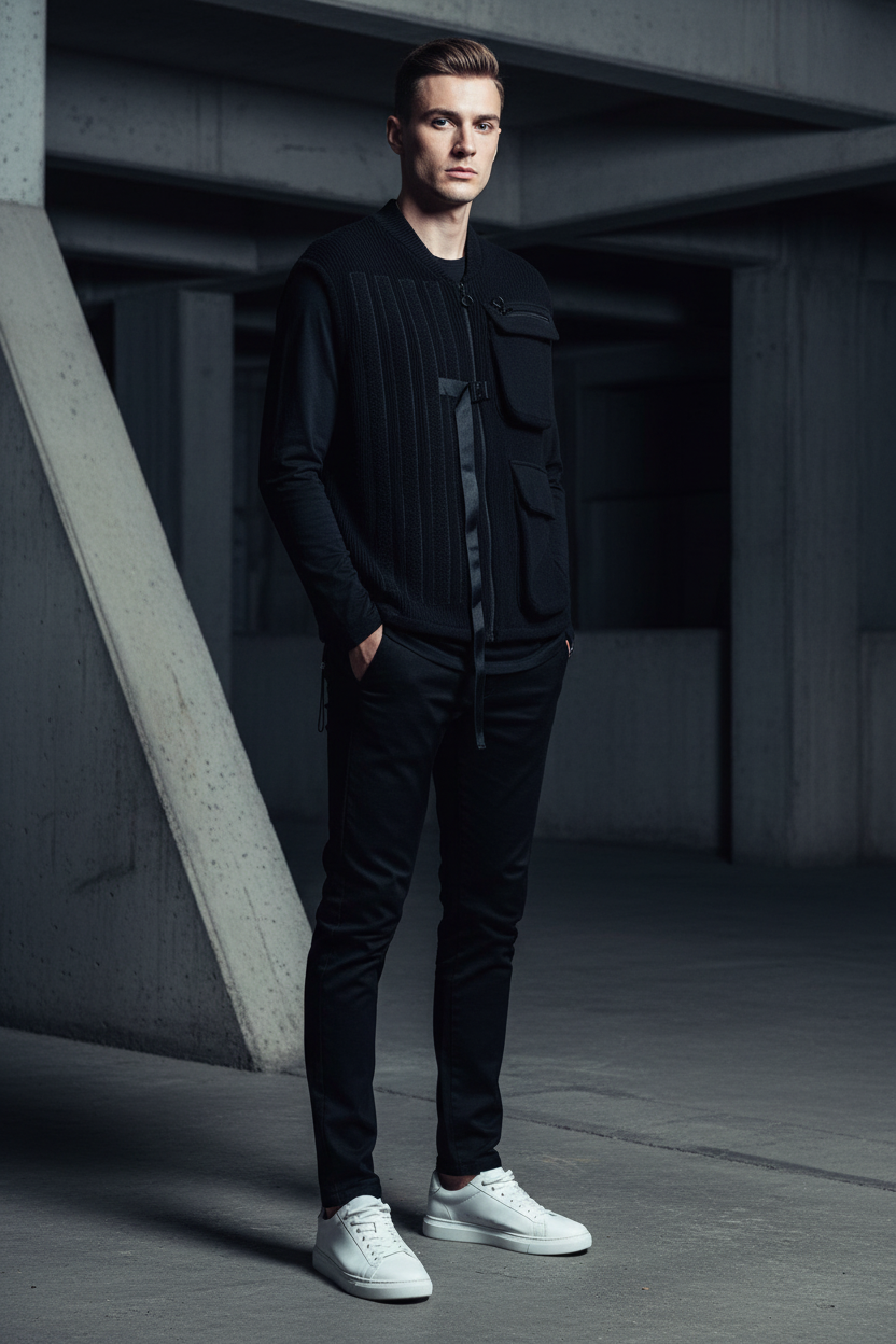 Sweater Utility Vest With Bellow Pockets | Black