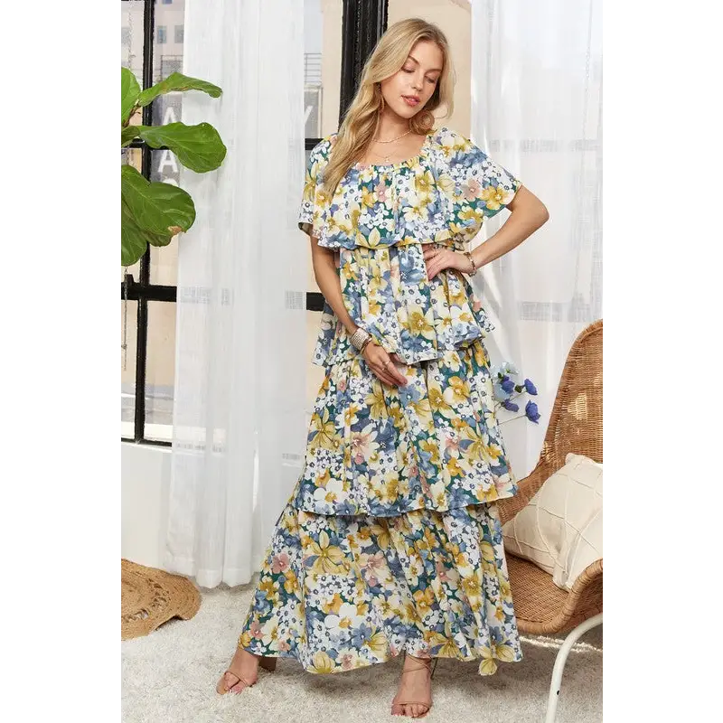 Layered Floral Off-Shoulder Short Sleeve Maxi Dress.