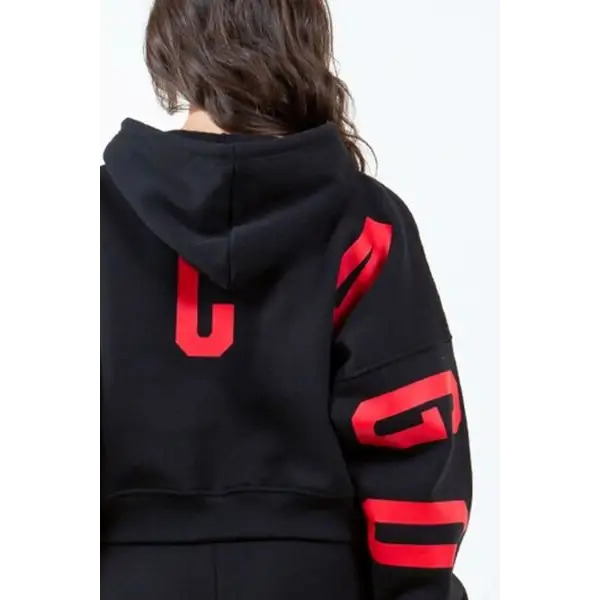 Letter Graphic Long Sleeve Drawstring Cropped Hoodie.