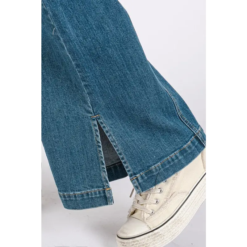 Medium Wash Seam Detail Wide Leg Denim Jeans.