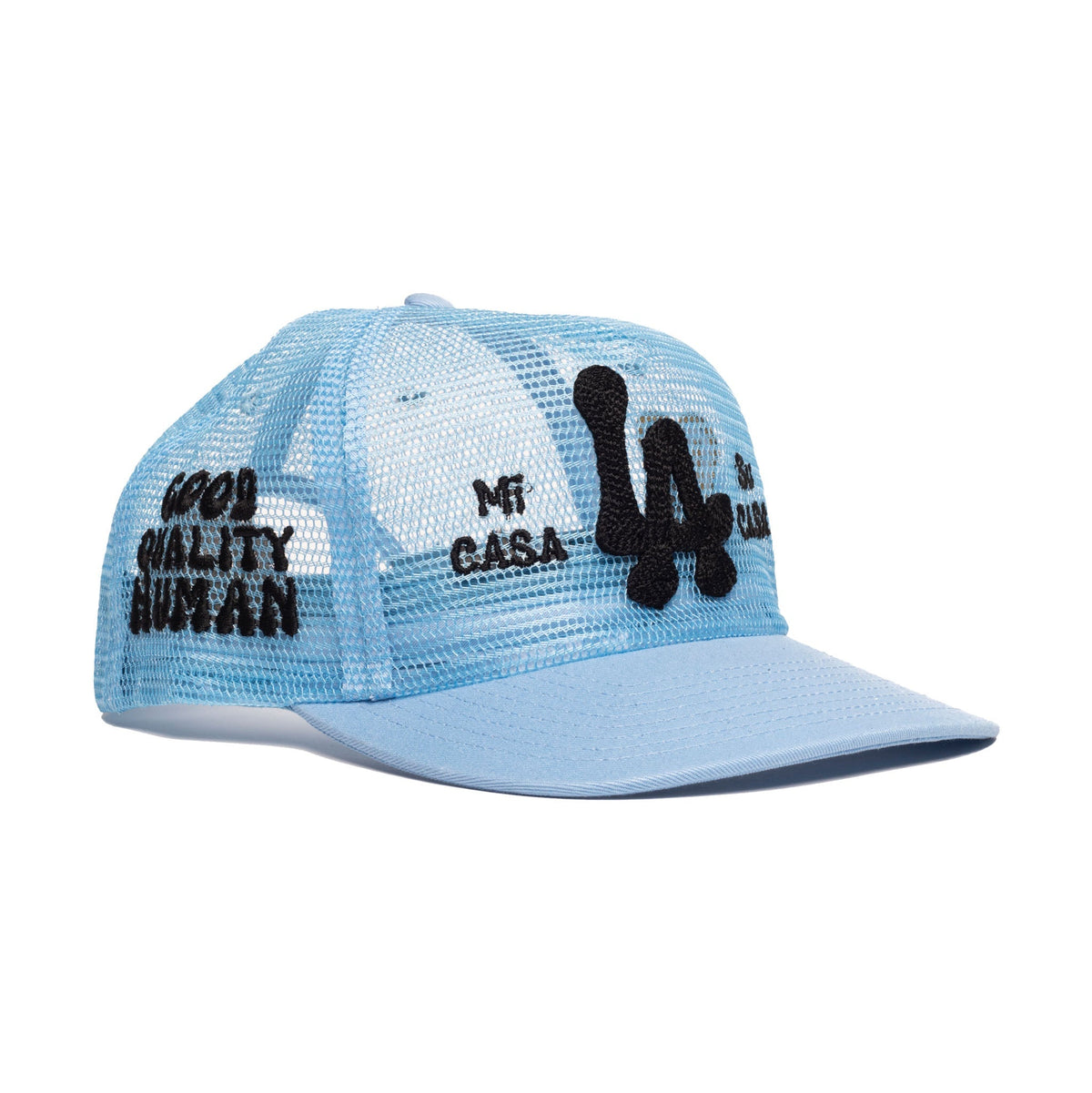 A light blue trucker hat with a mesh back, featuring black embroidered text and graphics on the front panels.