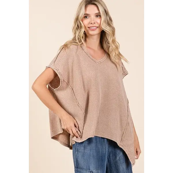 Mineral Wash Waffle Knit Pointed Hem Oversized Top.