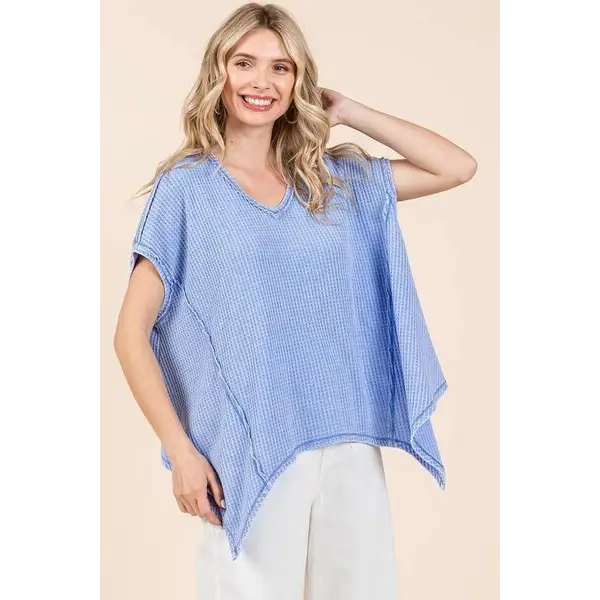 Mineral Wash Waffle Knit Pointed Hem Oversized Top.