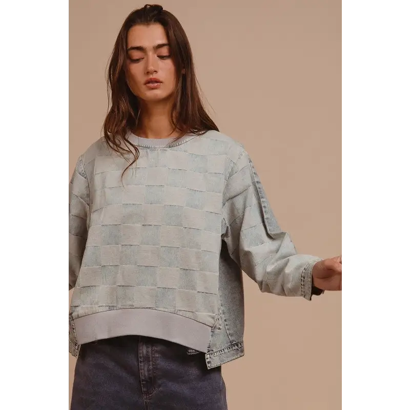 Mineral Washed Checkered Round Neck Denim Top.