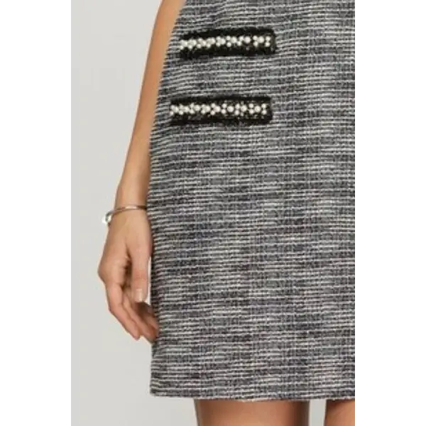 Short Sleeve Pearl Studded Trim Knit Tweed Dress Plus Size.