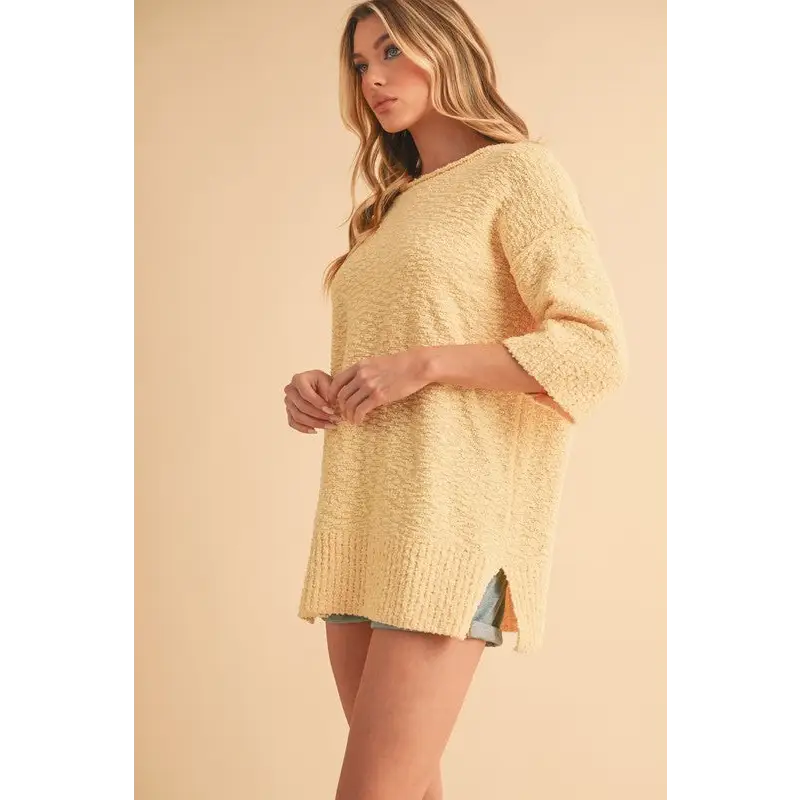 Slit Ribbed Hem Round Neck Sweater.