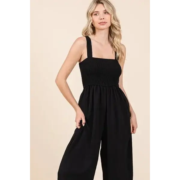 Smocked Wide Strap Wide Leg Overalls.