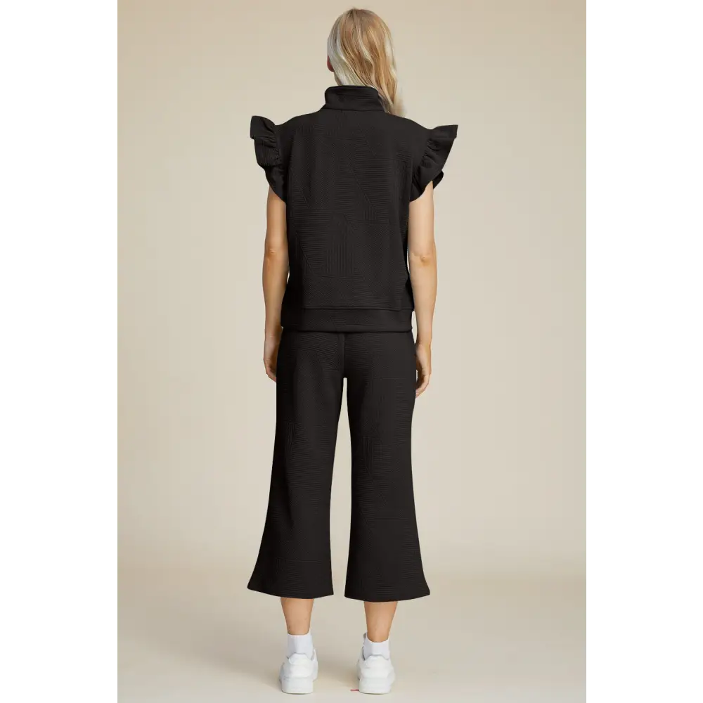 Texture Ruffle Short Sleeve Top and Wide Leg Pants Set - KRIFFA