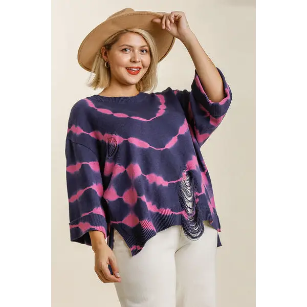 Tie Dye Side Slit Round Neck Distressed Detail Sweater.