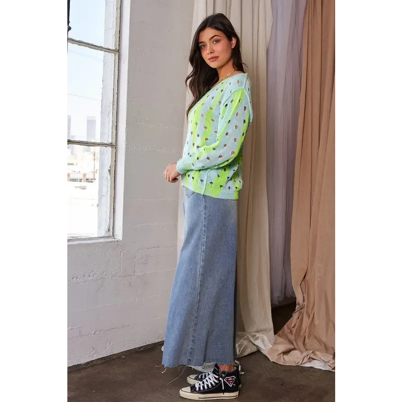 Two-Tone Ribbed Hem Openwork Knit Top.