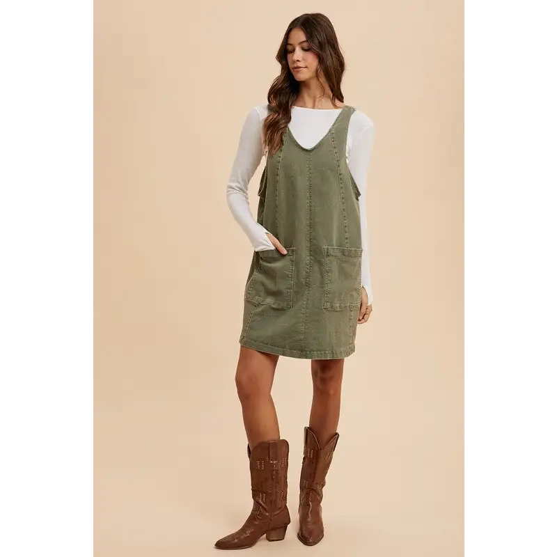 V-Neck Adjustable Strap Denim Overall Dress with Pockets.