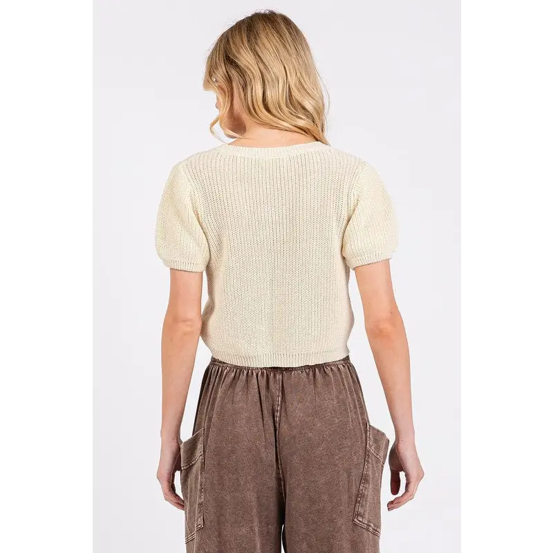 V-Neck Short Sleeve Crop Sweater.