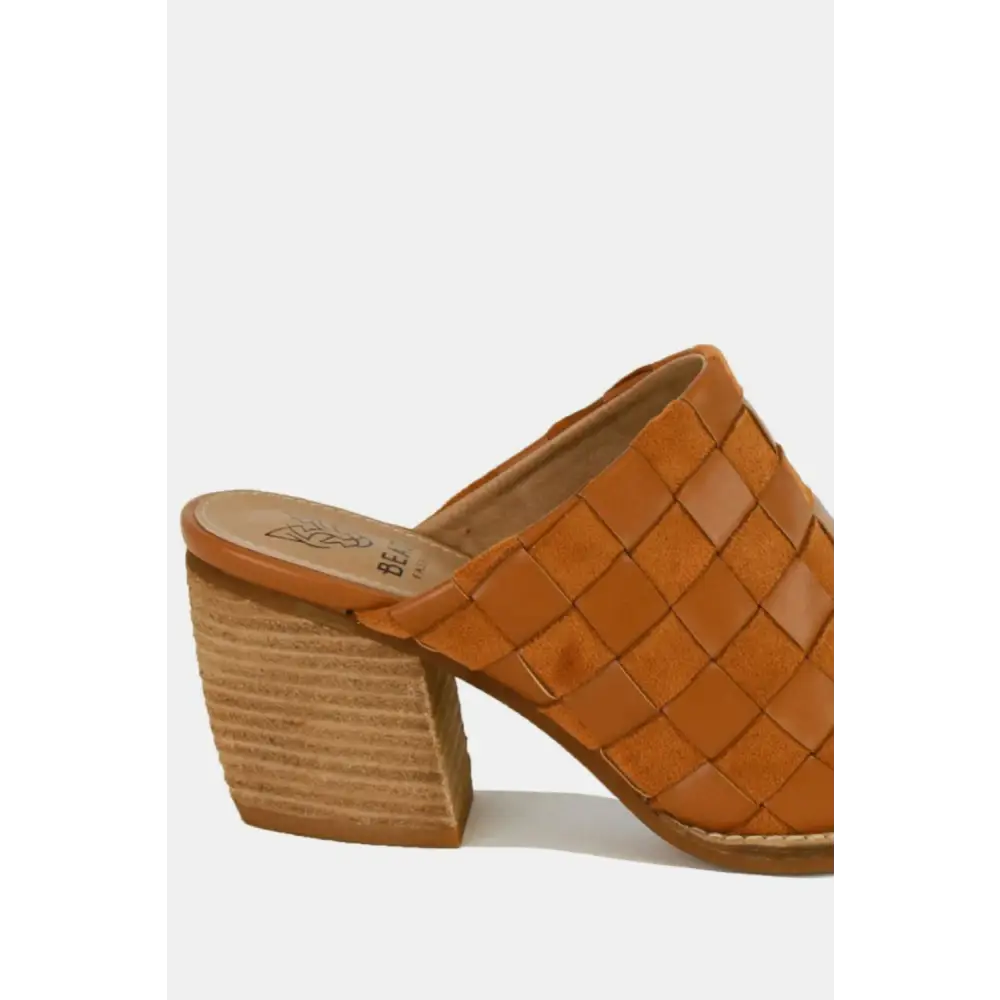 Woven Checkerboard Block Heel Mule Shoes.